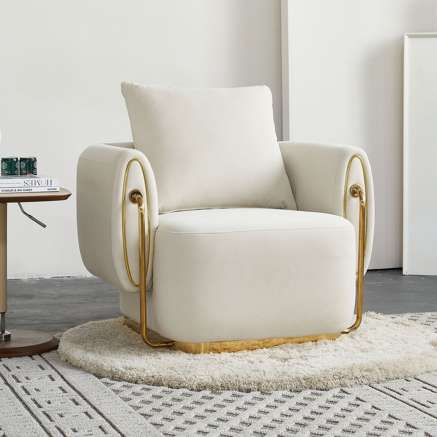 Sibyl Modern Beige Velvet Chair with Solid Wood Frame & Gold Decoration