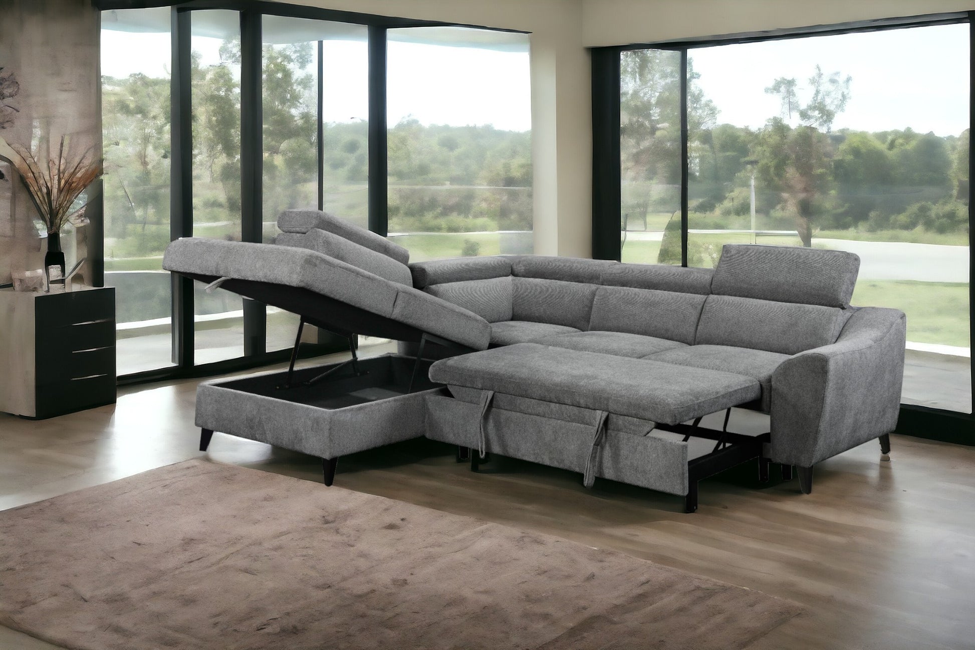 Wrenley Gray Chenille Sectional Sofa with Sleeper & Storage