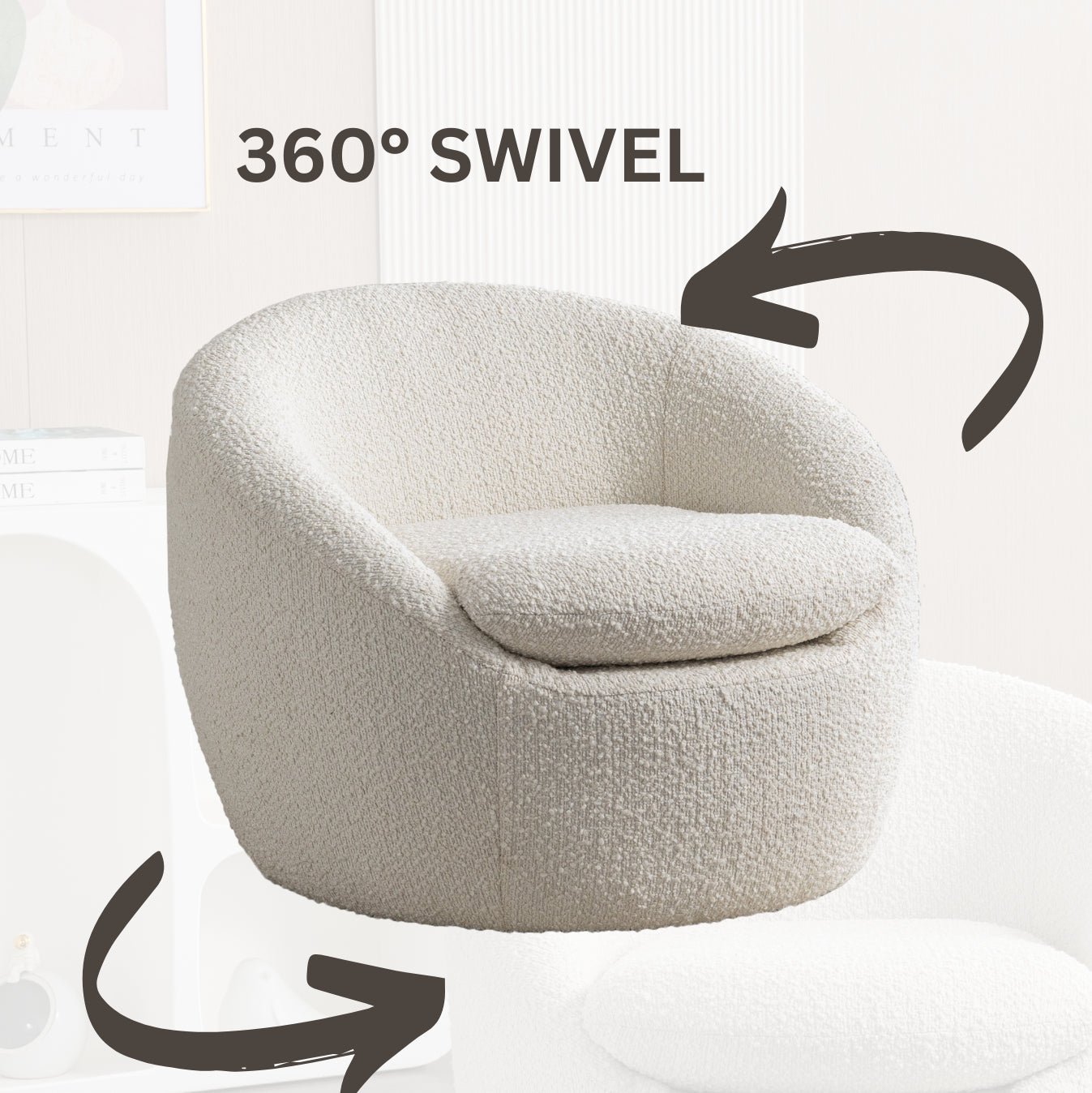 Winnie Modern Teddy Boucle Fabric Barrel Chair, 360° Swivel, White