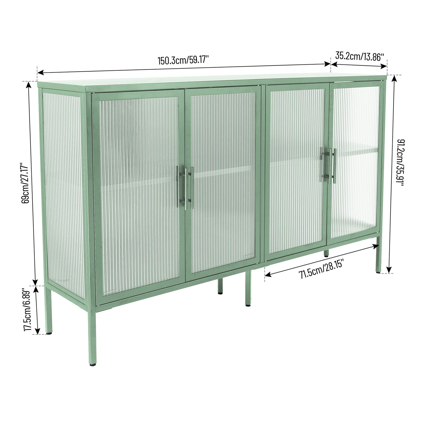 Zane 4-Door Metal Accent Cabinet with Tempered Glass Doors, Light Green