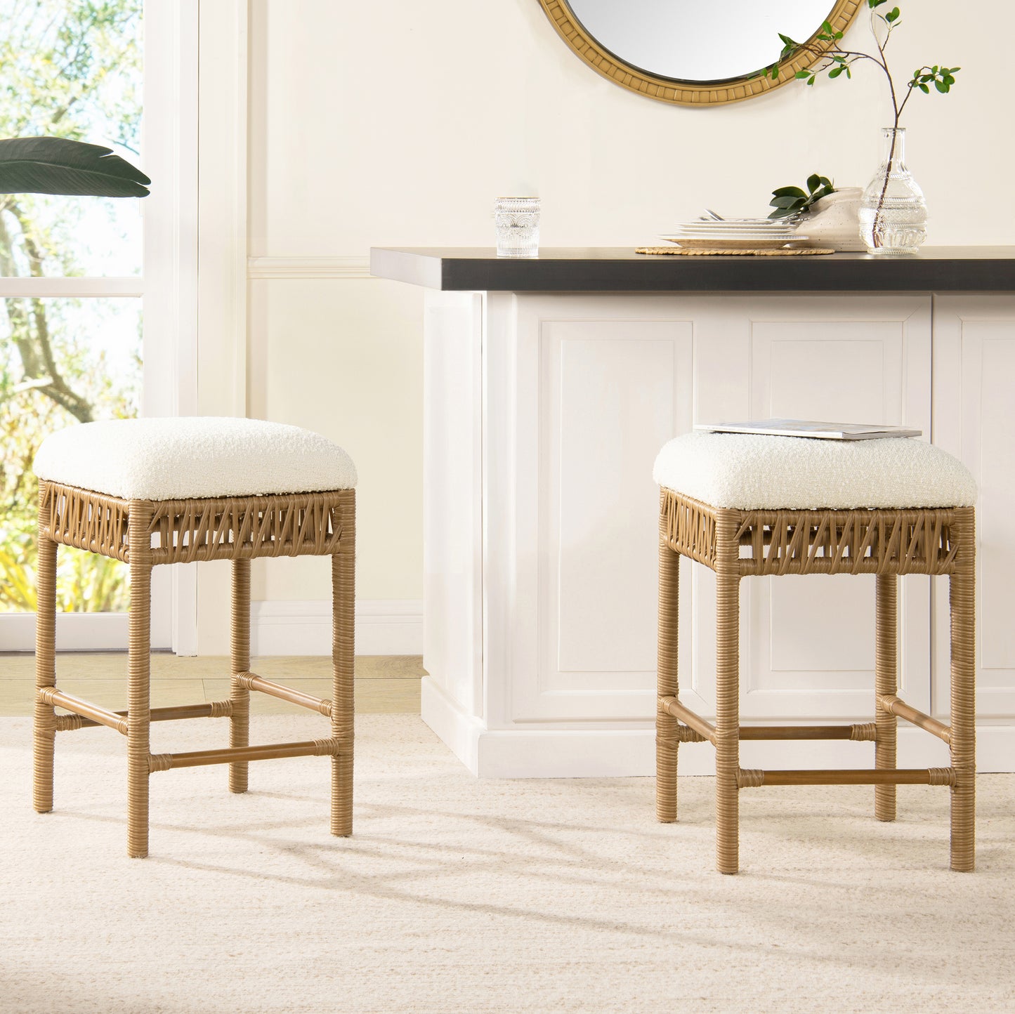 Lucia 25.5' Backless Upholstered Counter Stool with Resin Rattan Frame, Ivory White Boucle