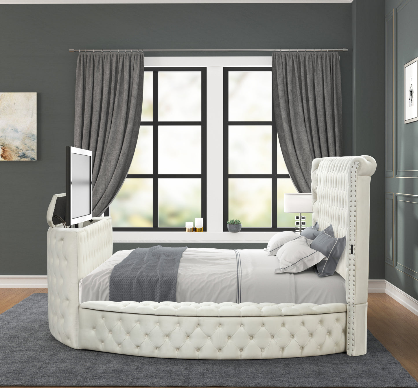 Maya Modern Style Crystal Tufted King Bed Made with wood in Cream