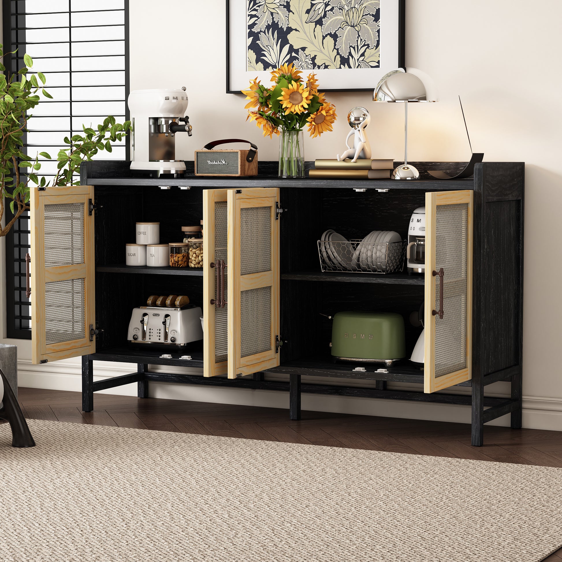 Halcyon Rustic Cabinet with Rattan Doors, Black & Natural