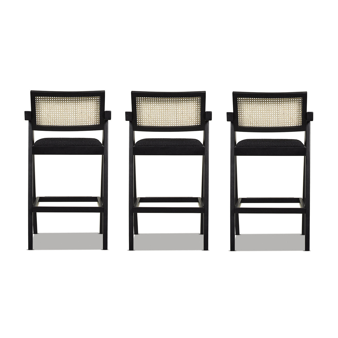 Milan 29.5' Modern Resin Webbing Back Bar Stool with Arms, Set of 3, Ebony Black Boucle