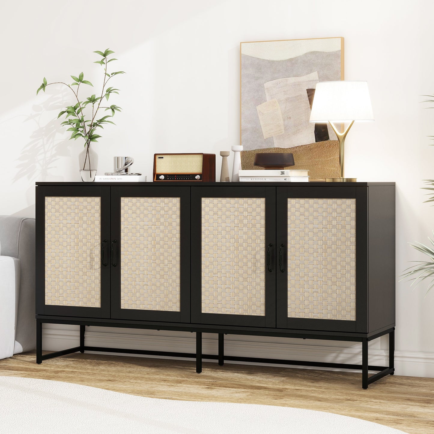 Dorothy 4-Door Cabinet in Black with Natural Rattan Doors