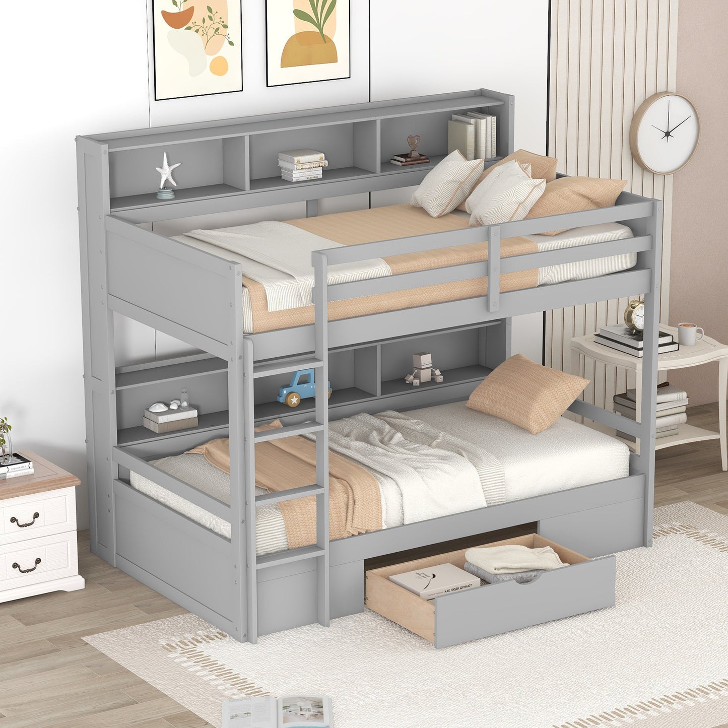 Harris Twin Size Bunk Bed with Built-in Shelves, Gray