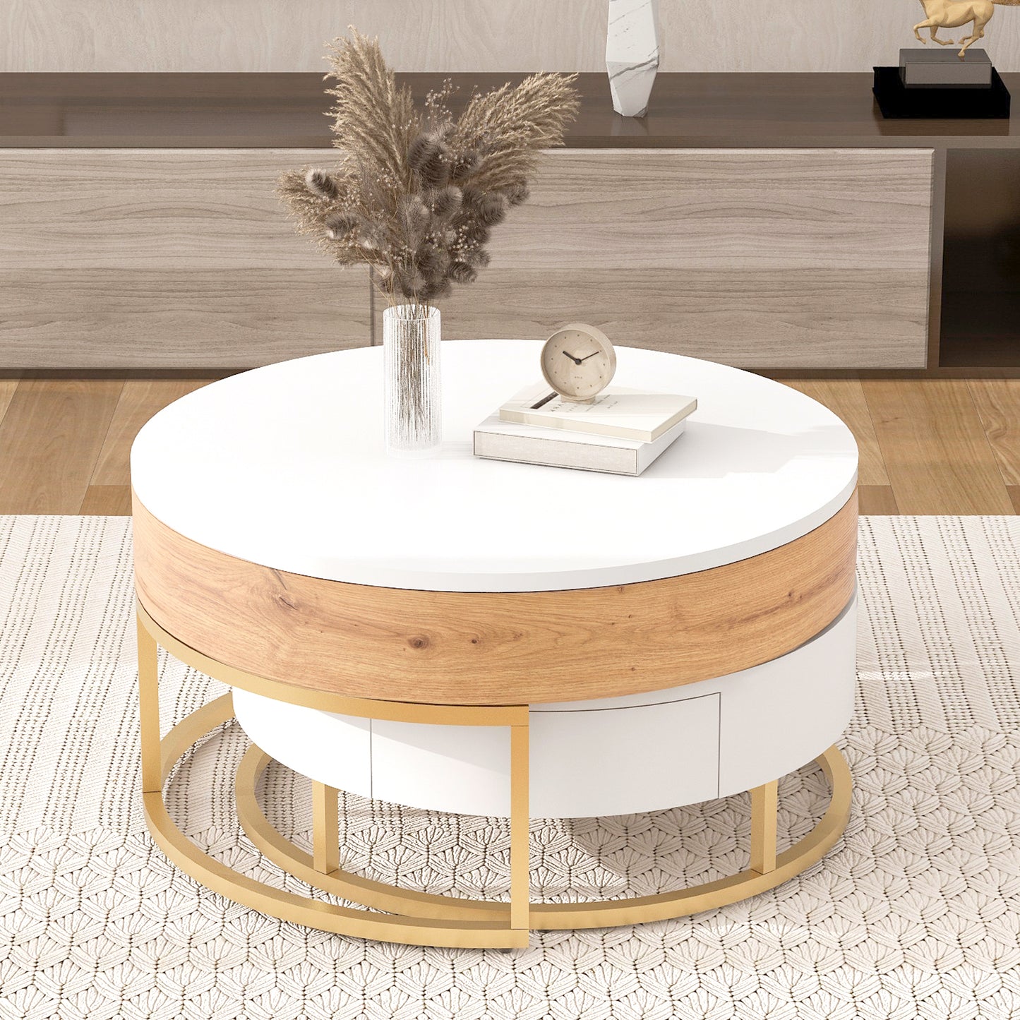 Nerys Modern Round Lift-top Nesting Coffee Tables with 2 Drawers White & Natural