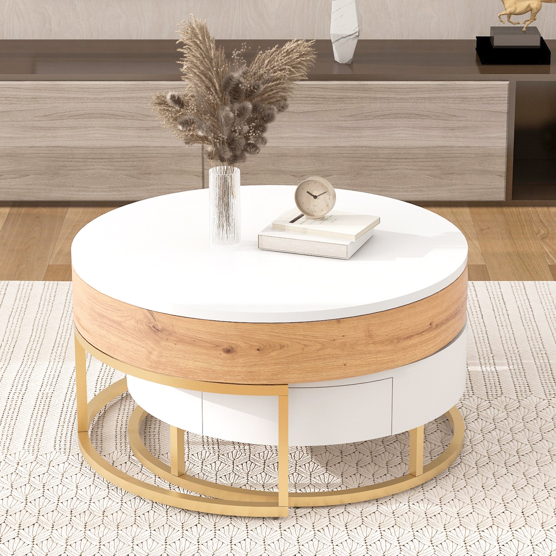 Nerys Modern Round Lift-top Nesting Coffee Tables with 2 Drawers White & Natural