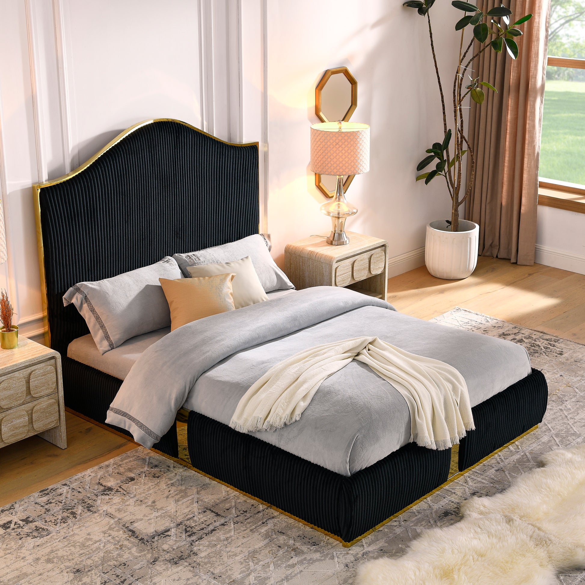 Sloane Contemporary Corduroy Upholstered Platform Bed with Gold Trim, Black