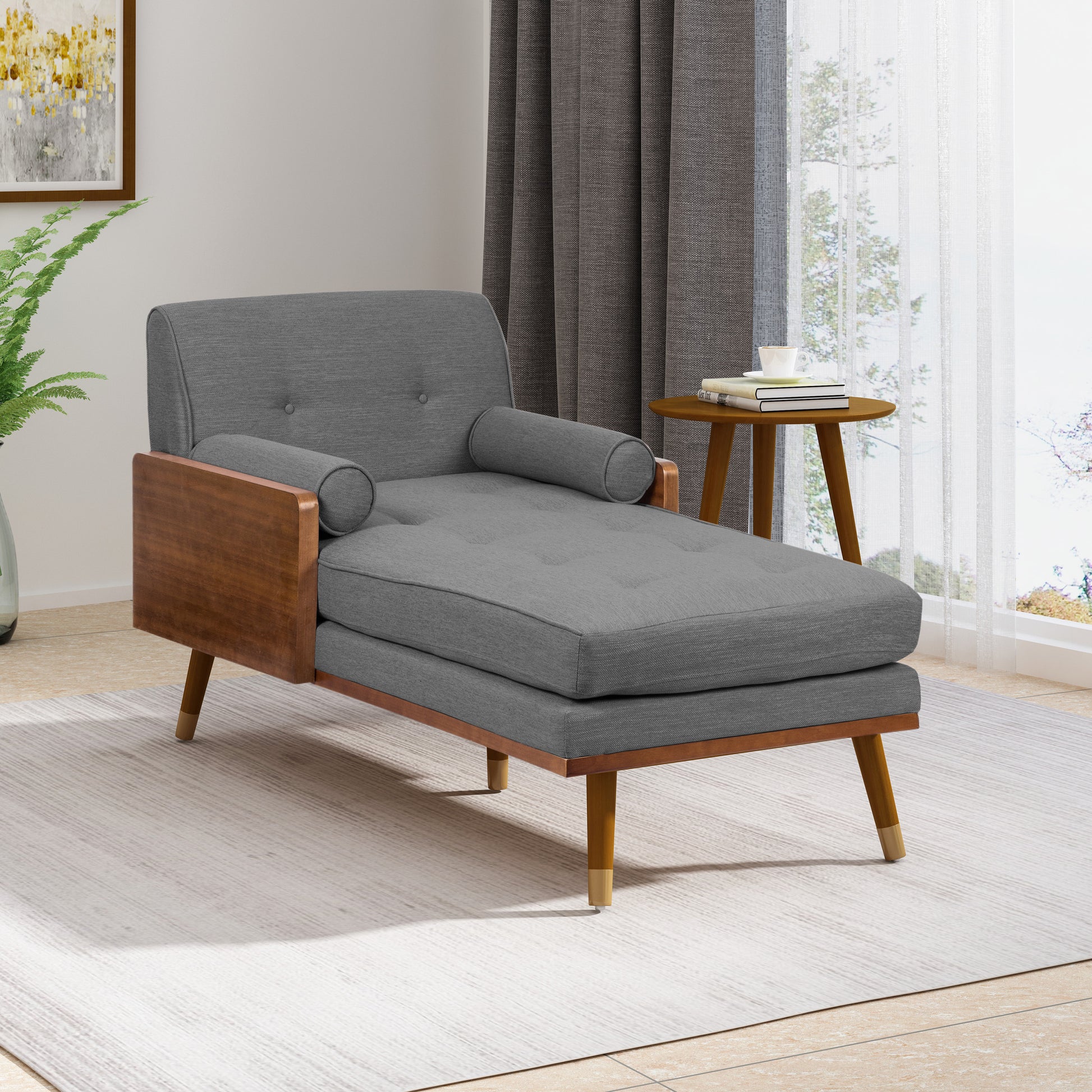 Romilly Mid-Century Modern Chaise Lounge, Gray & Walnut