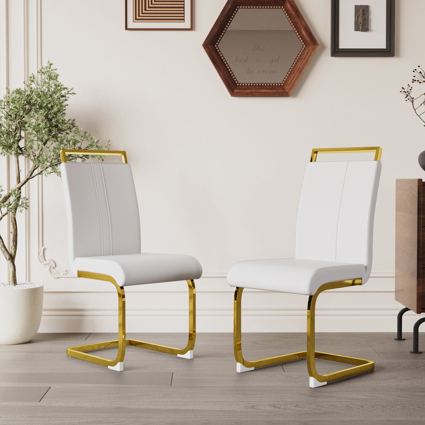 Astrid Modern PU Leather Side Chairs with Gold Legs Set of 2 , White