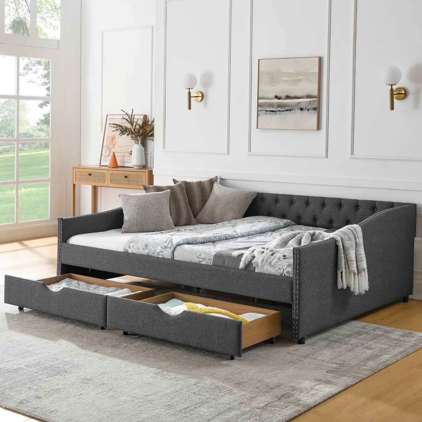 Lior Queen Size Tufted Linen Daybed with Drawers, Gray