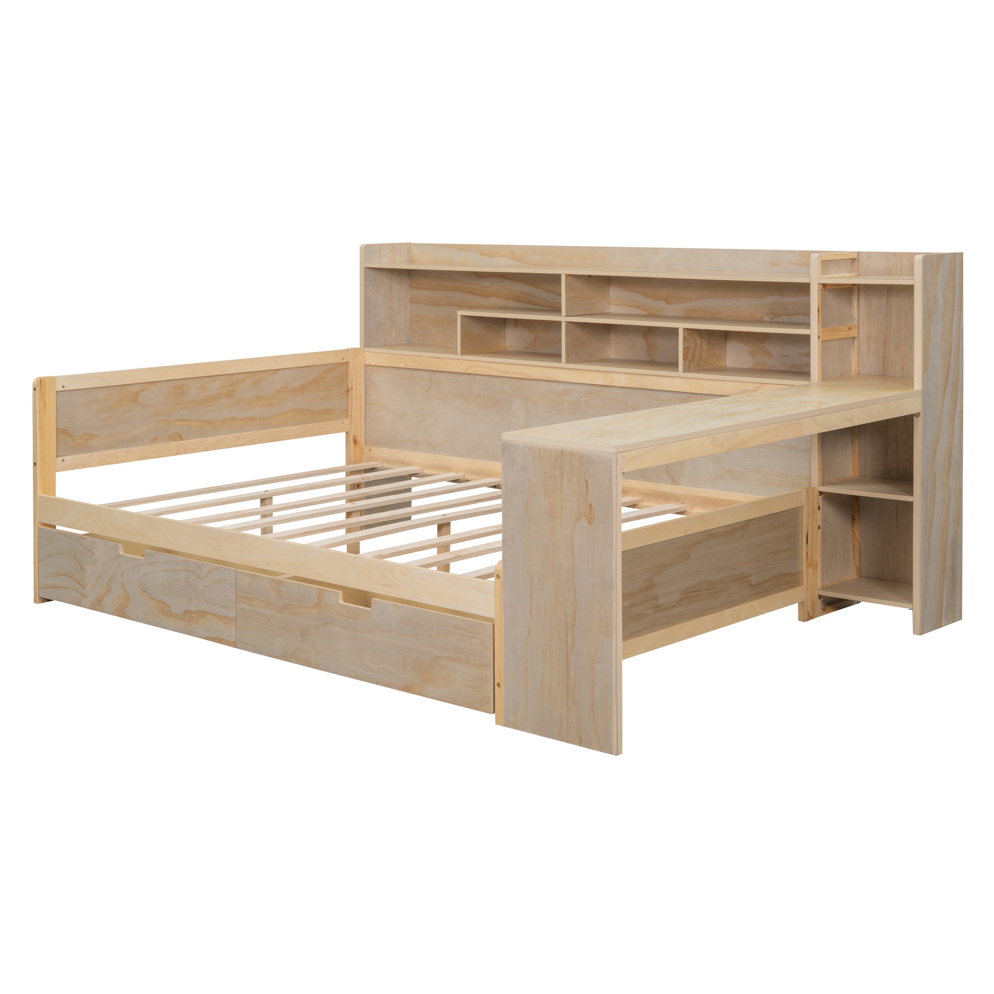 Zephyra Full Size Wooden Bookcase Daybed with Storage Trundle,Natural