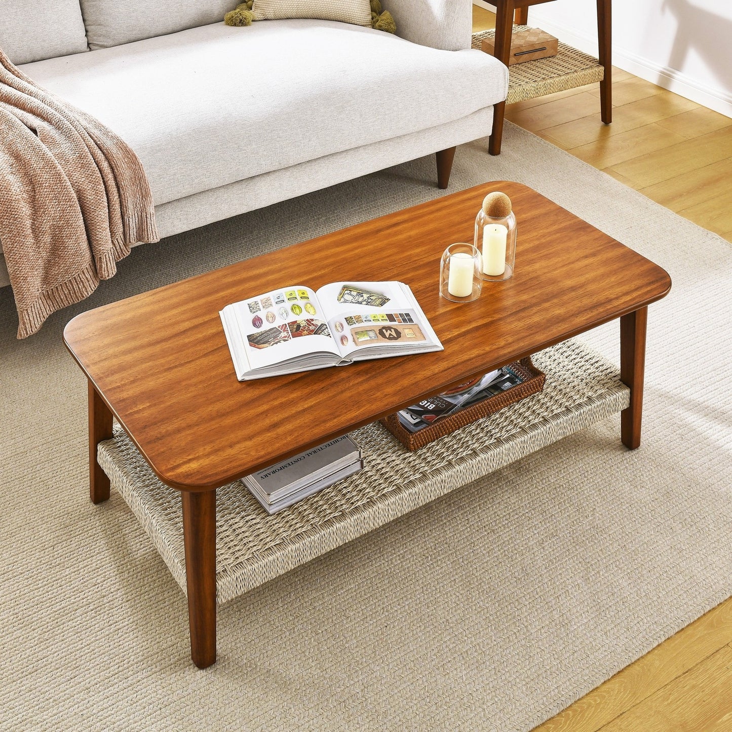 Gretta Mid-Century Modern Coffee Table with Woven Bottom Shelf, Walnut