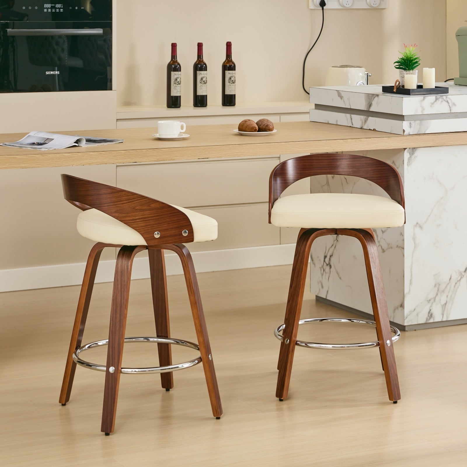 Sienna Beige Swivel Bar Stools with Low Back and Soft Cushion Seat, 25-Inch Height - Set of 2