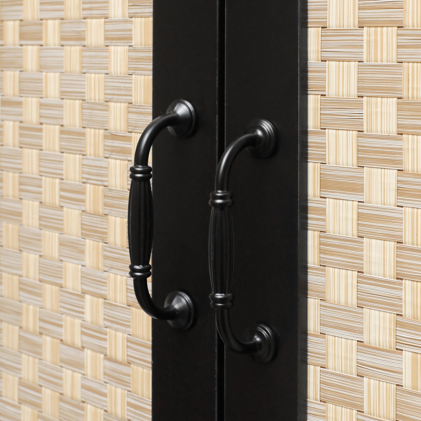 Dorothy 4-Door Cabinet in Black with Natural Rattan Doors