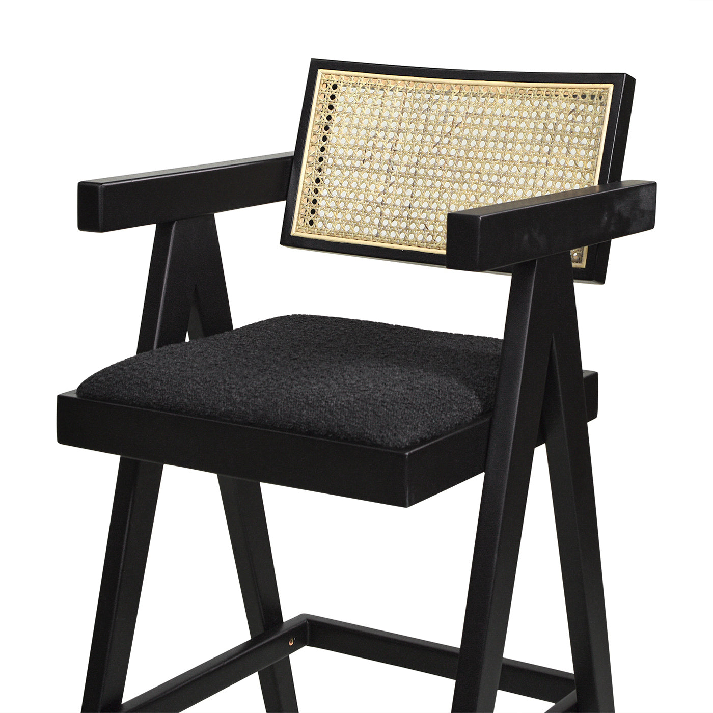 Milan 29.5' Modern Resin Webbing Back Bar Stool with Arms, Set of 3, Ebony Black Boucle