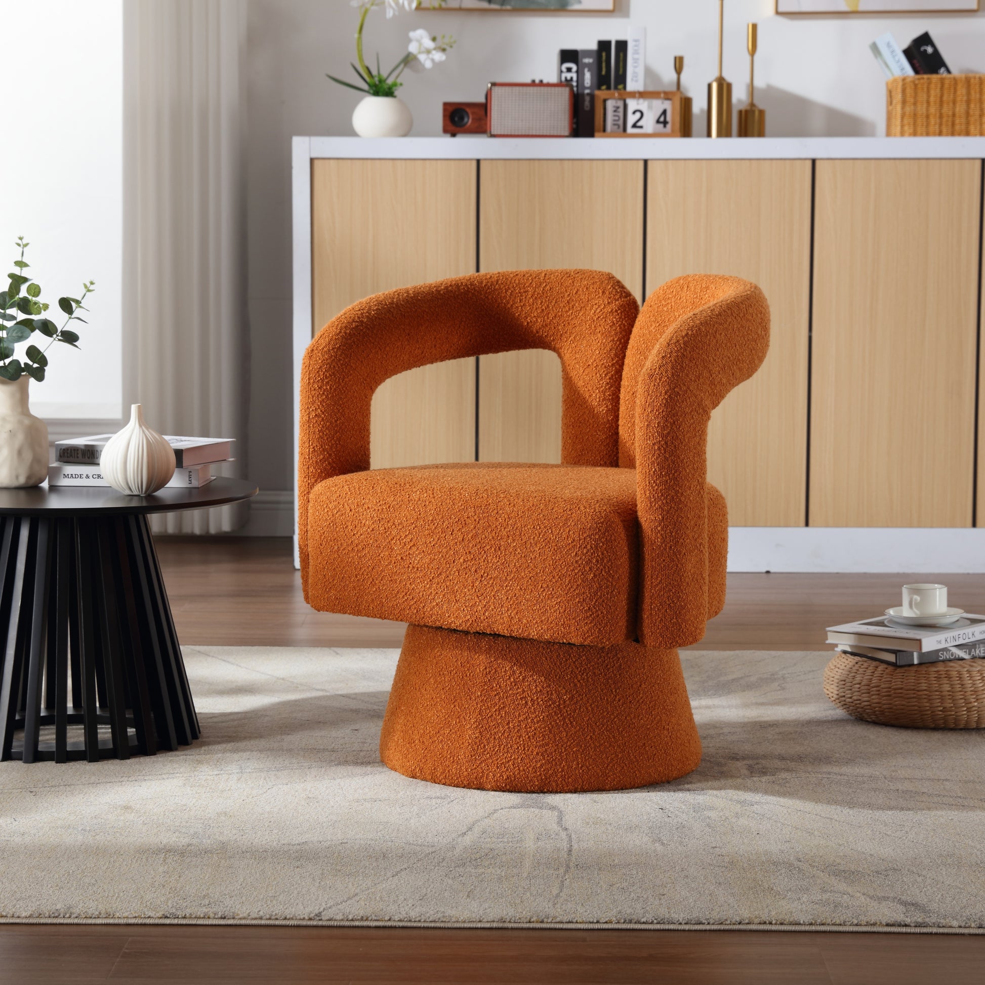 Coolmore Versatile Comfort Orange Boucle 360° Swivel Cuddle Barrel Accent Chair