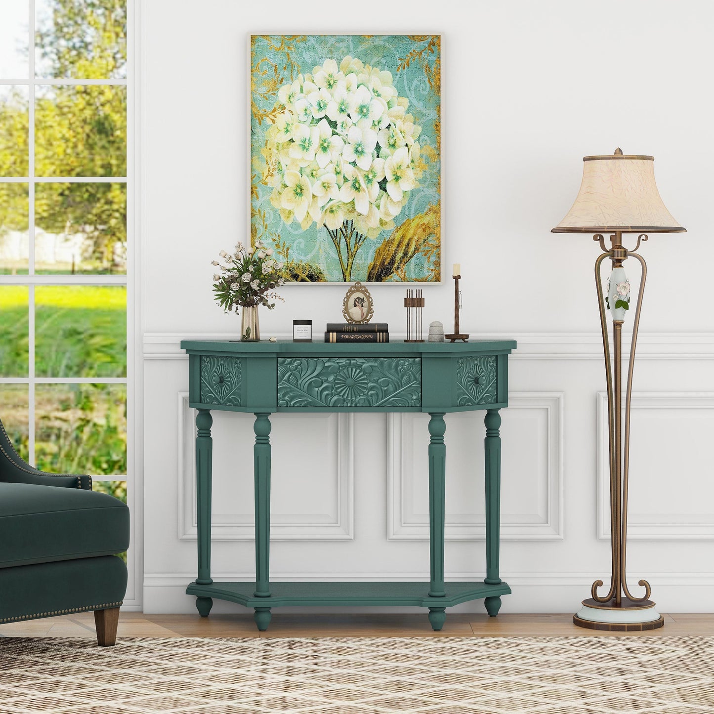 Leslie Traditional Console Table with Carved Detail, Green