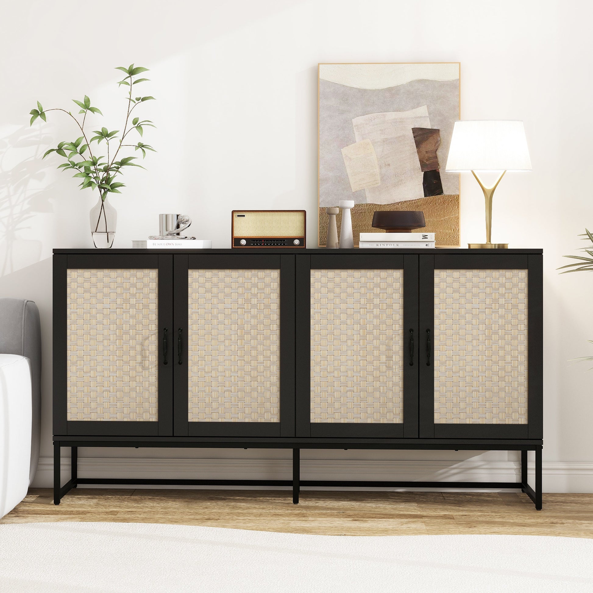 Dorothy 4-Door Cabinet in Black with Natural Rattan Doors