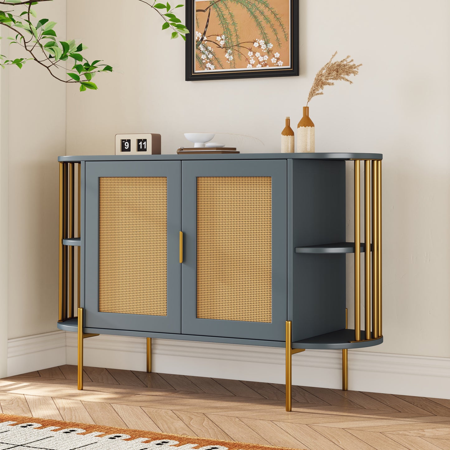 Dinara Elegant Curved Cabinet with Gold Trim & Rattan Doors, Dark Gray