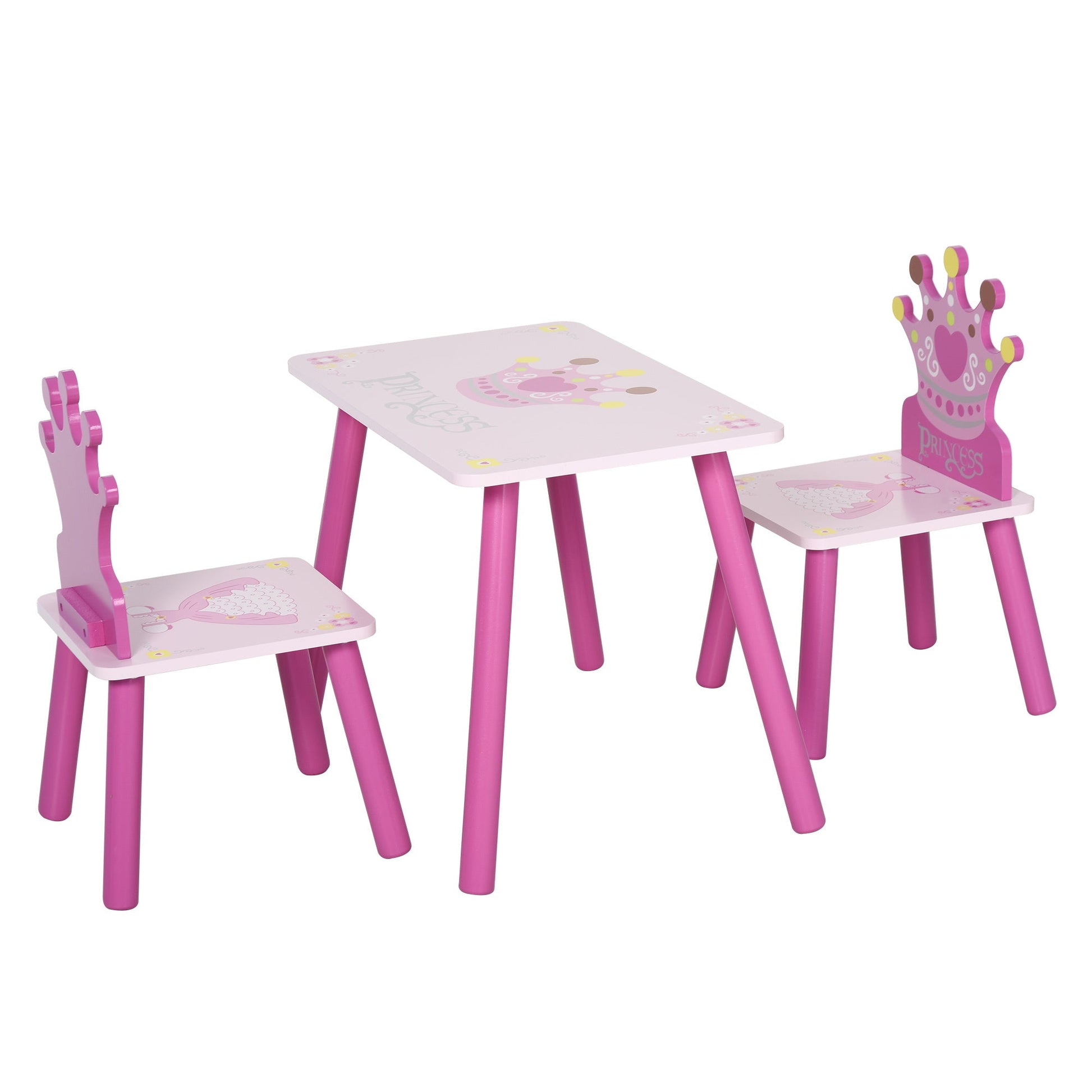 Qaba 3-Piece Kids Wooden Table and Chair Set with Crown Pattern