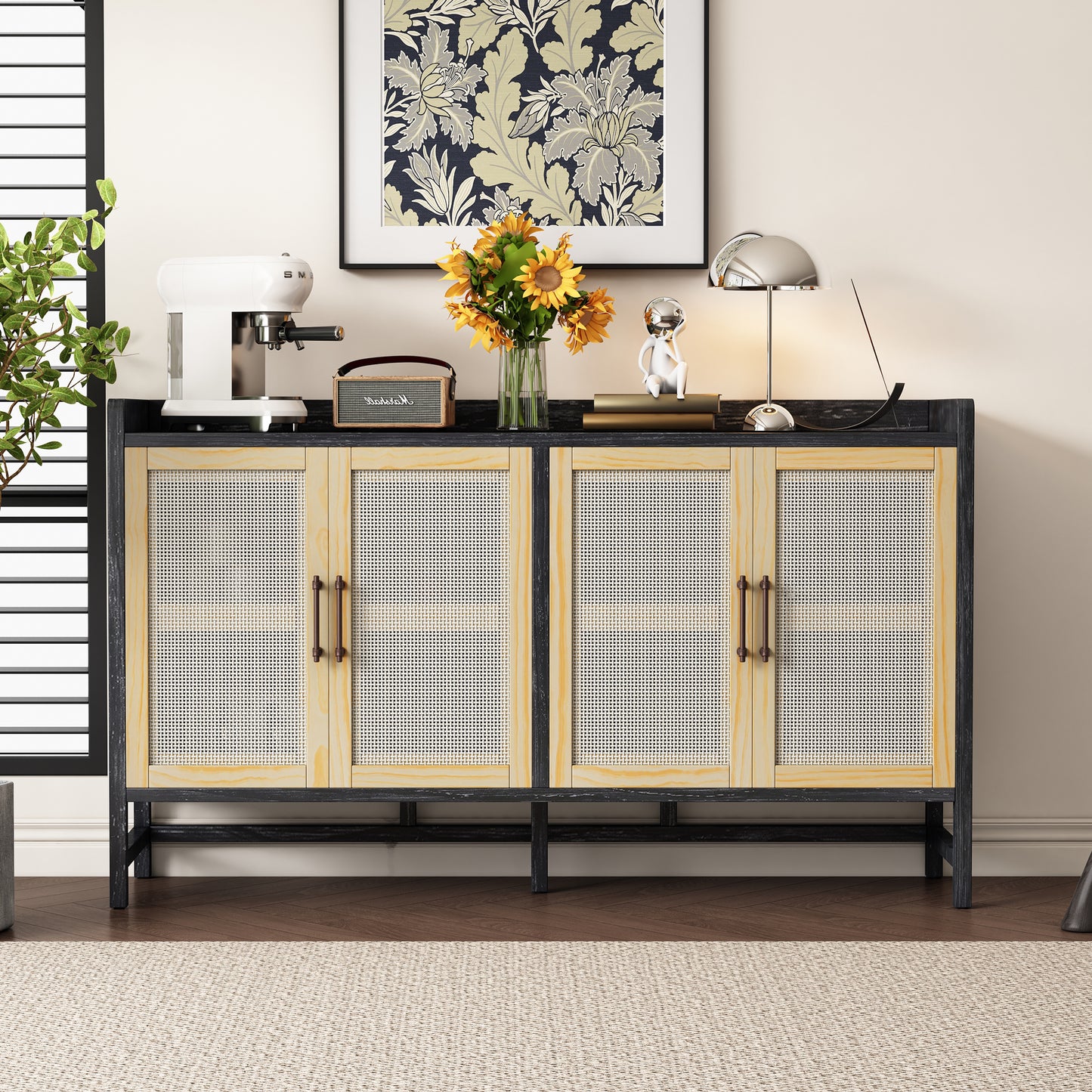 Halcyon Rustic Cabinet with Rattan Doors, Black & Natural