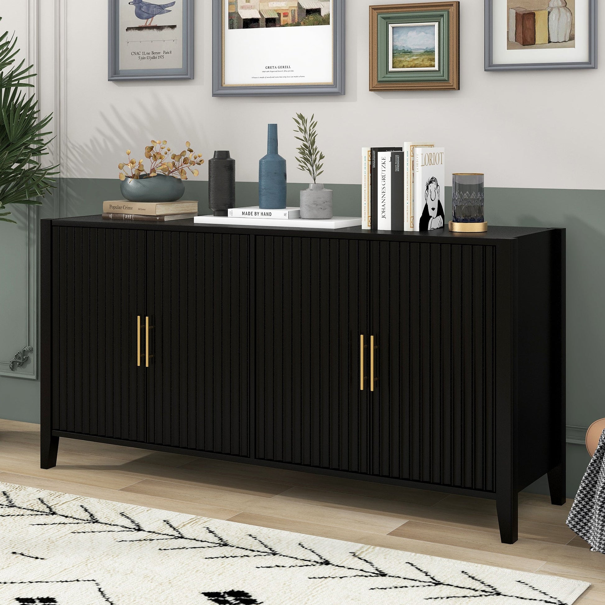 Ulric II Modern 4-Door Accent Cabinet with Gold Handle, Black