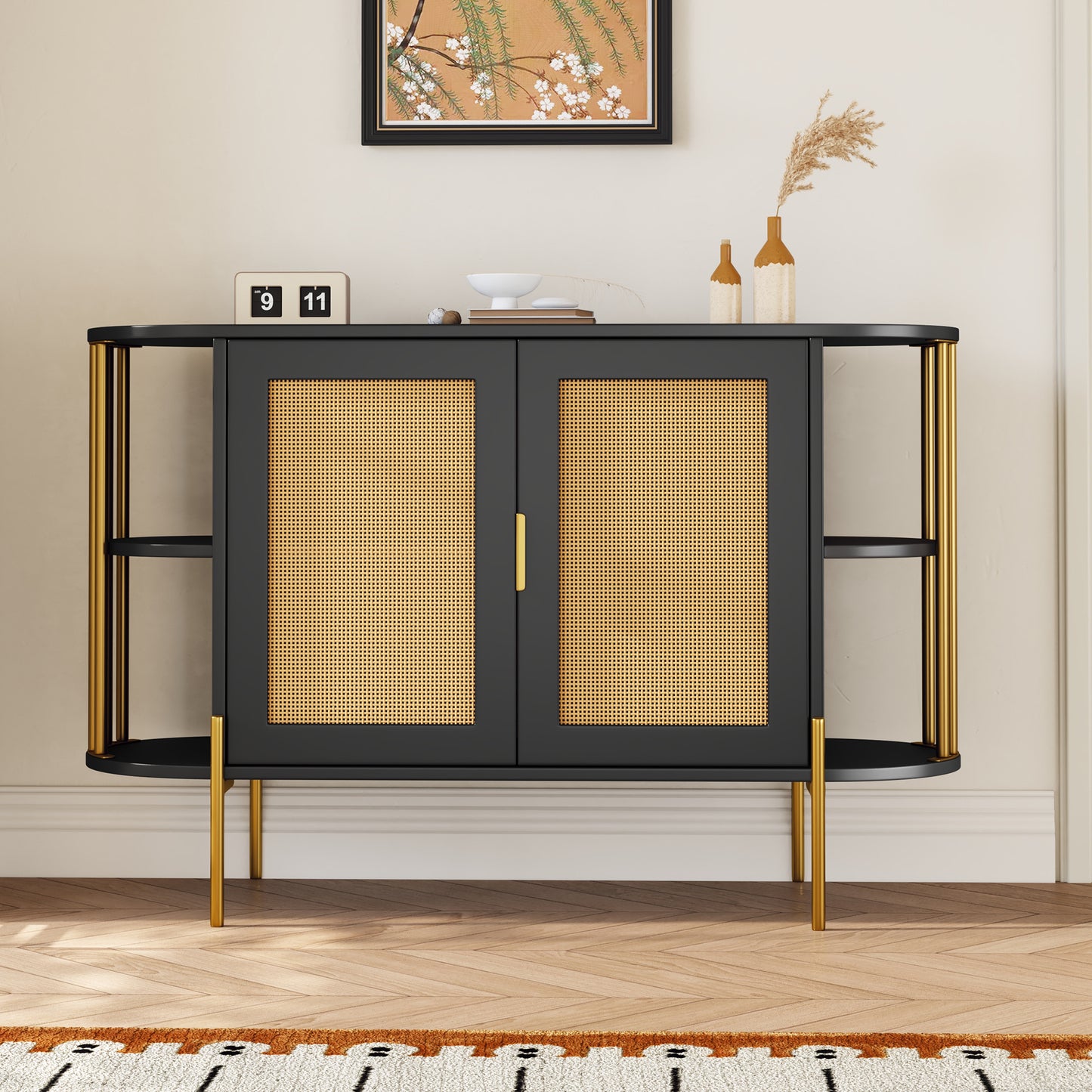 Dinara Elegant Curved Cabinet with Gold Trim & Rattan Doors, Black