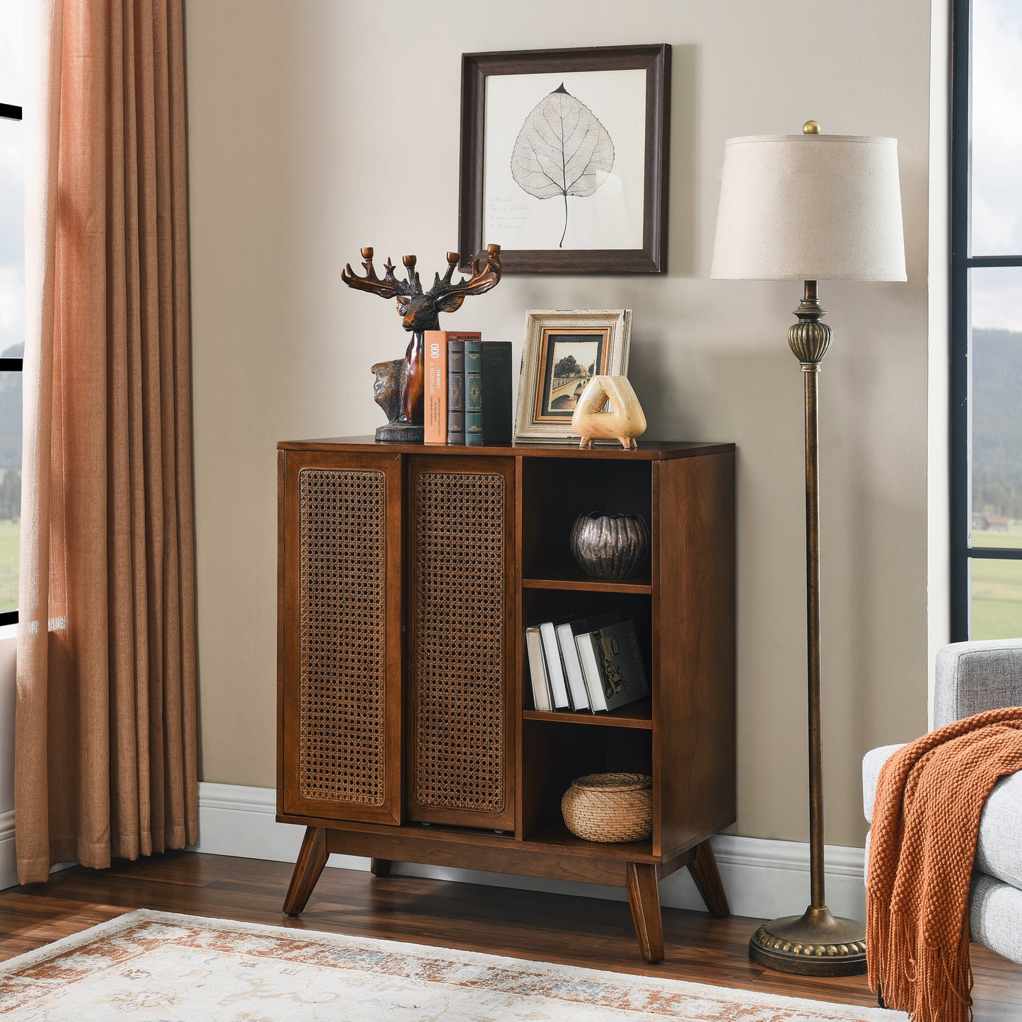 Margot Mid-Century Modern Cabinet in Dark Walnut with Rattan Doors