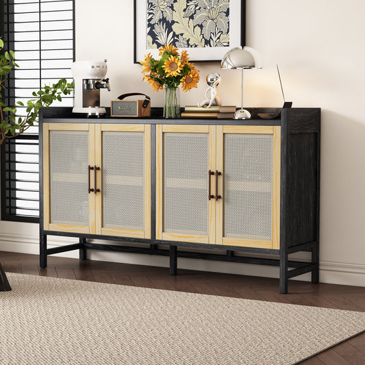 Halcyon Rustic Cabinet with Rattan Doors, Black & Natural