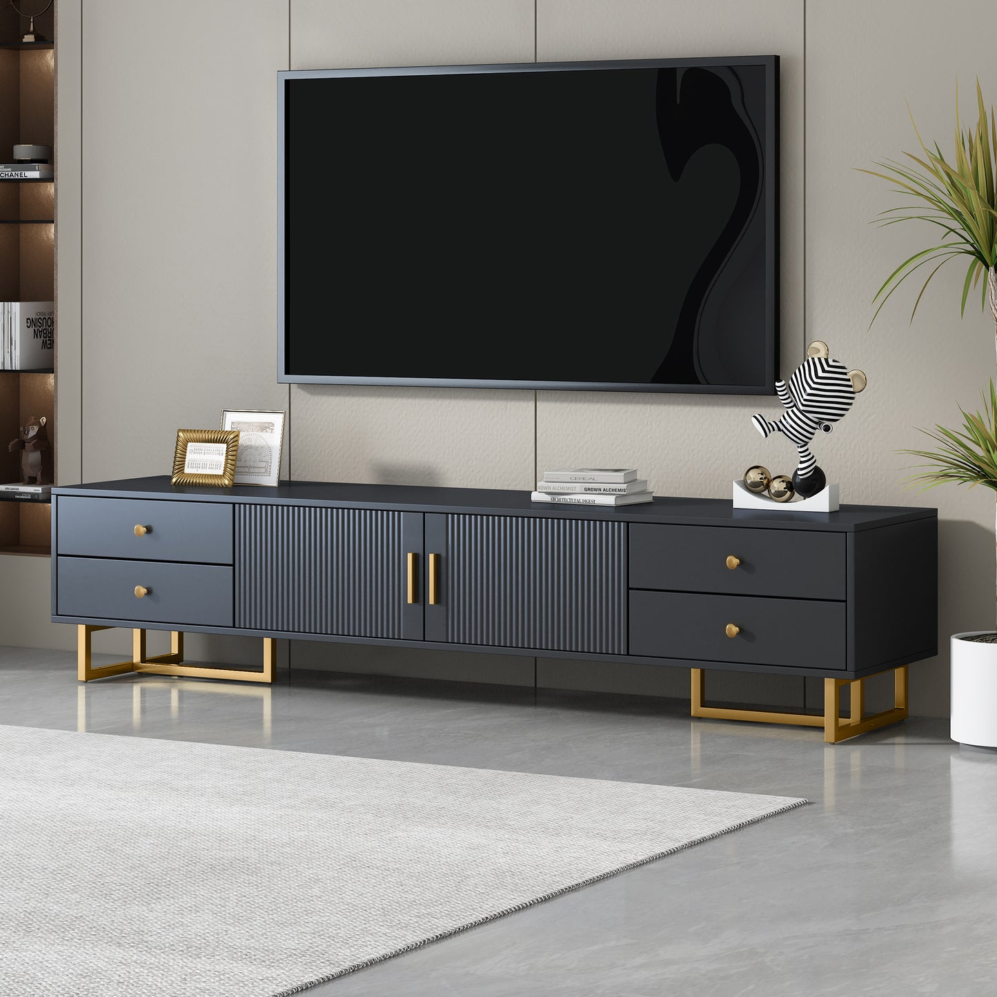 Hazel 71' Modern TV Stand with Gold Legs, Black