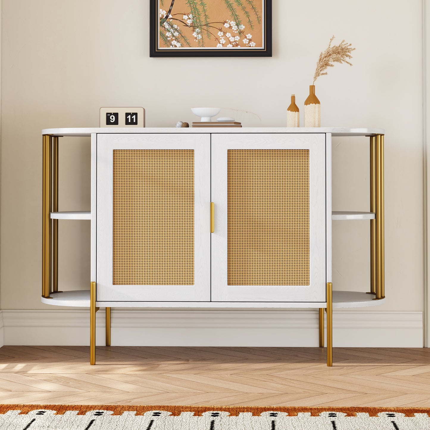 Dinara Elegant Curved Cabinet with Gold Trim & Rattan Doors, White