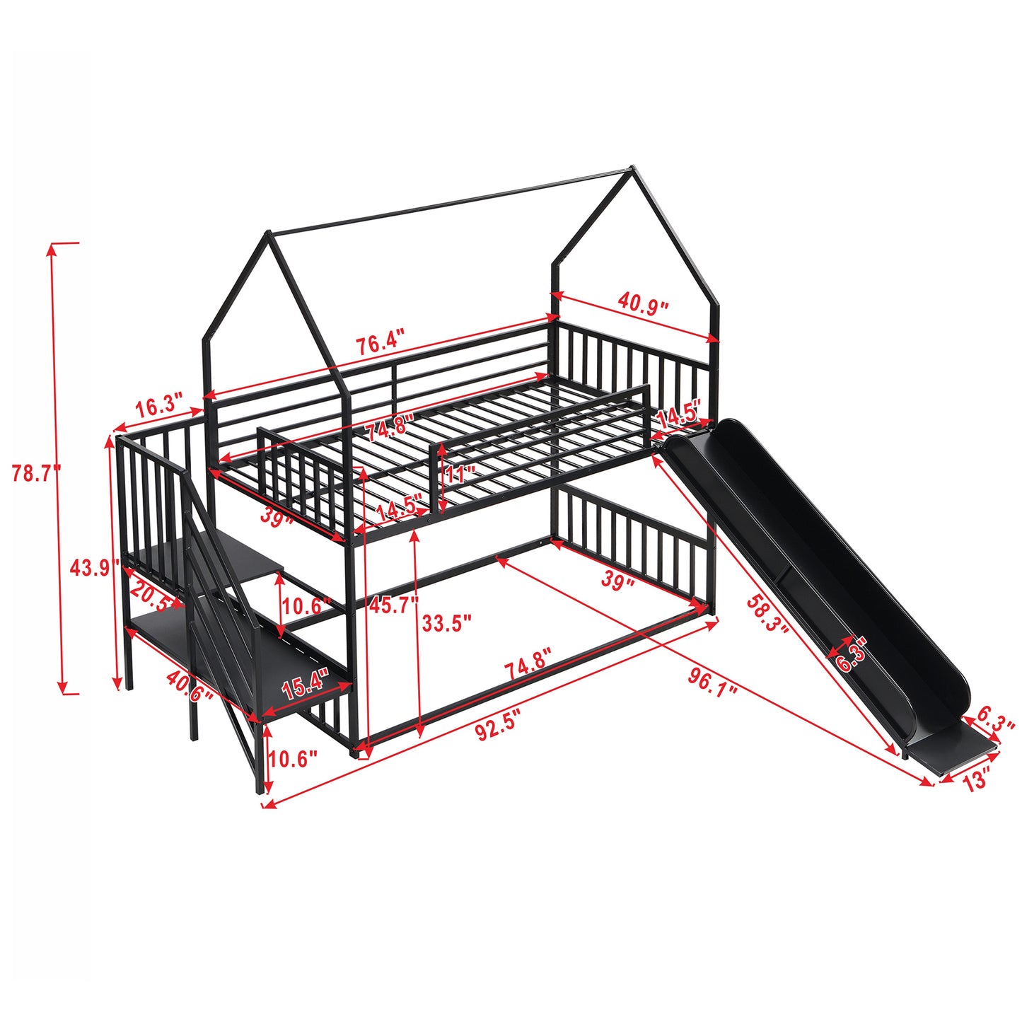 Daniel Twin over Twin Metal Bunk Bed House Bed with Slide and Staircase, Black