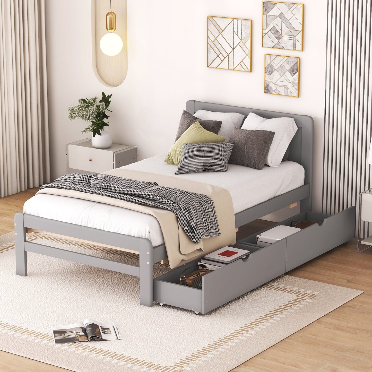 Huxley Modern Design Twin Size Platform Bed Frame with 2 Drawers