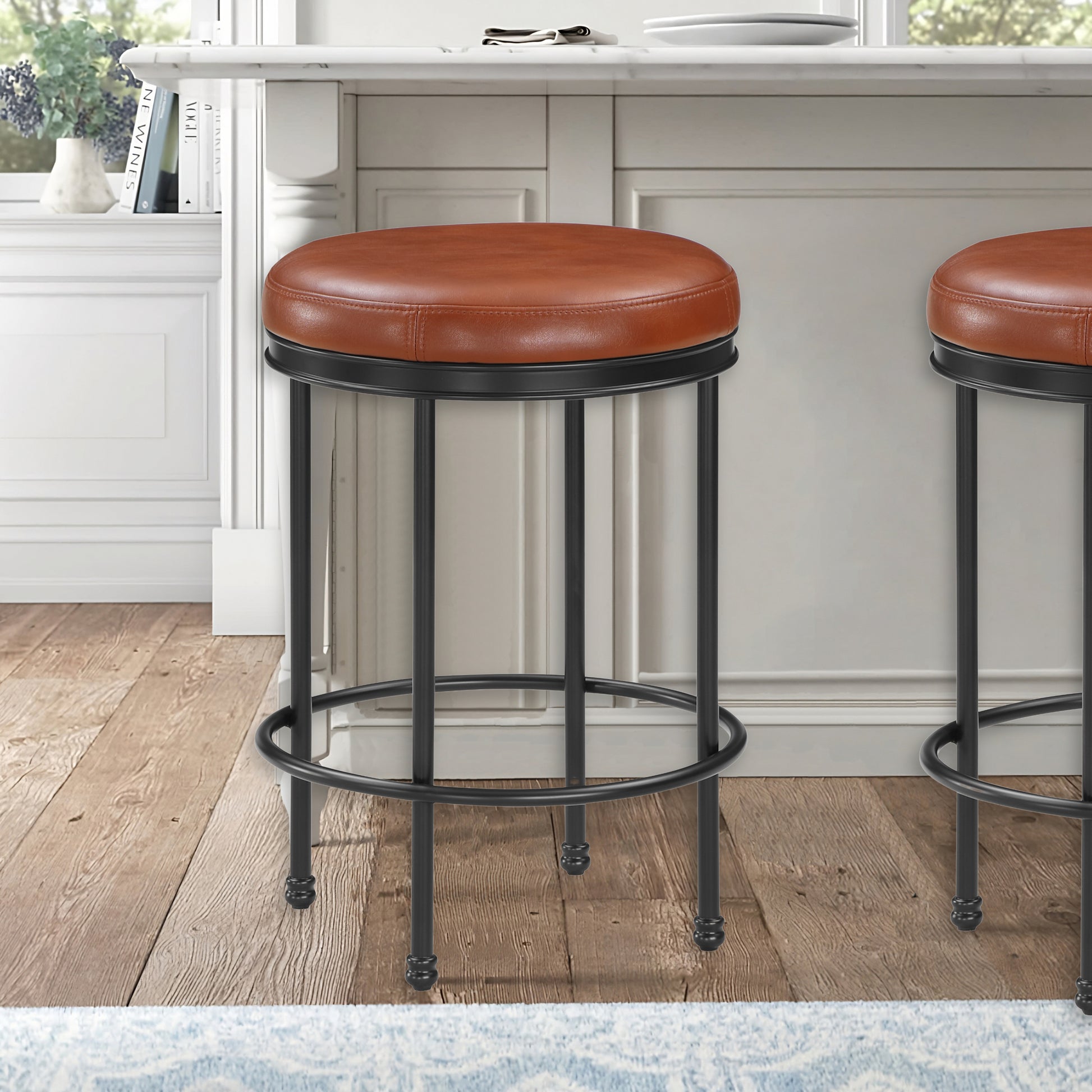 Michael Caramel Faux Leather and Metal Backless Counter Height Stool