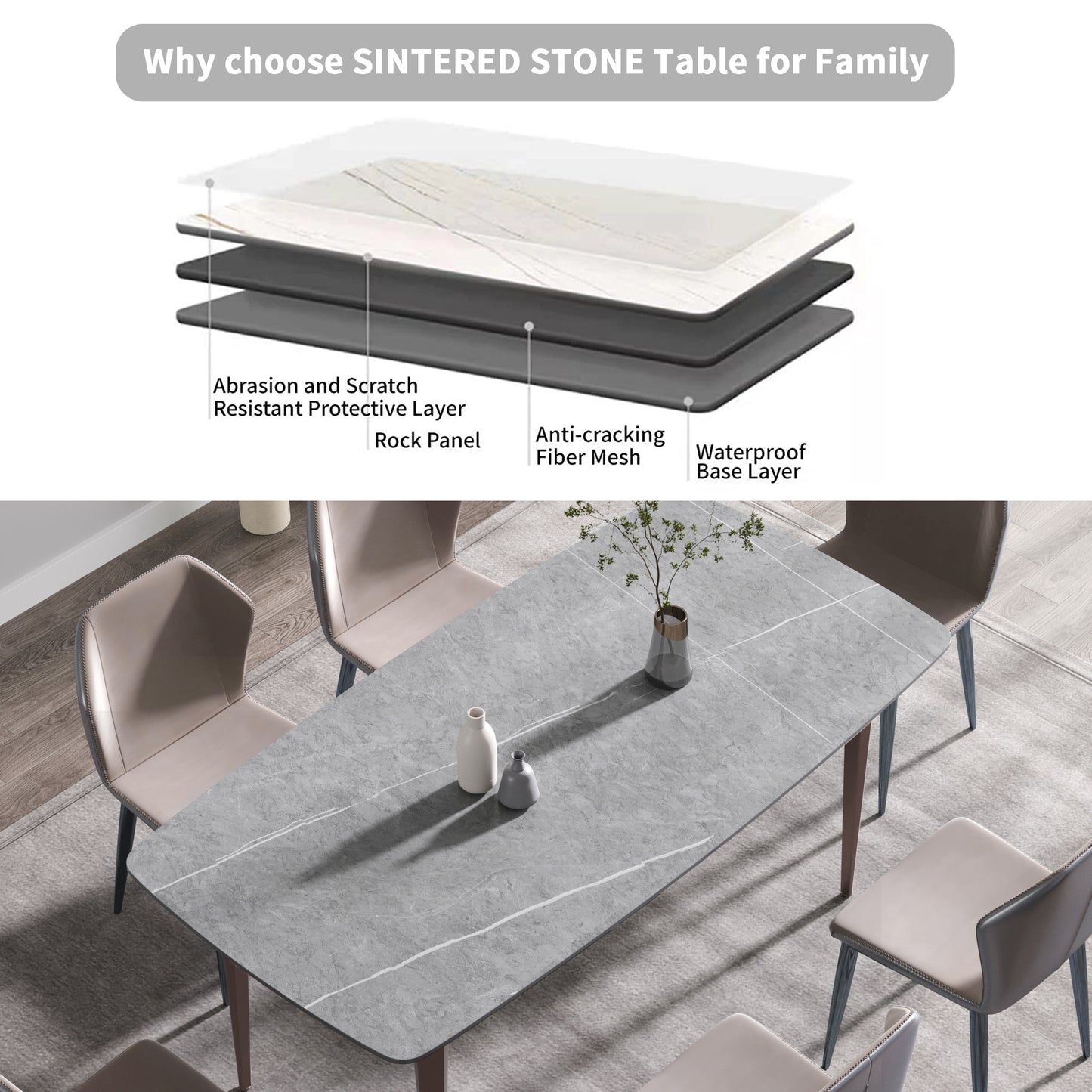 Trinita Modern Gray Sintered Stone Dining Table