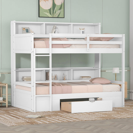 Harris Twin Size Bunk Bed with Built-in Shelves, White