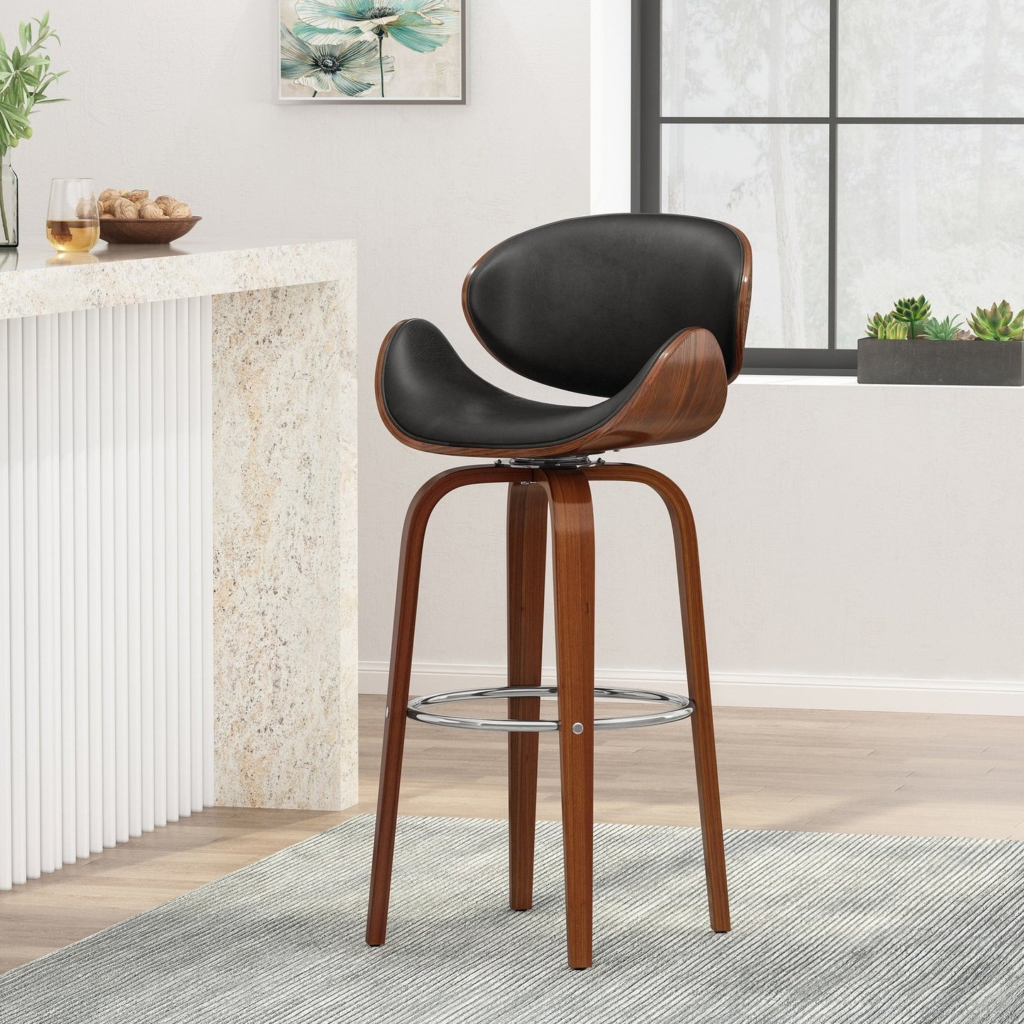 Ophelia 30" Mid-Century Modern Black Faux Leather Upholstered Swivel Barstool