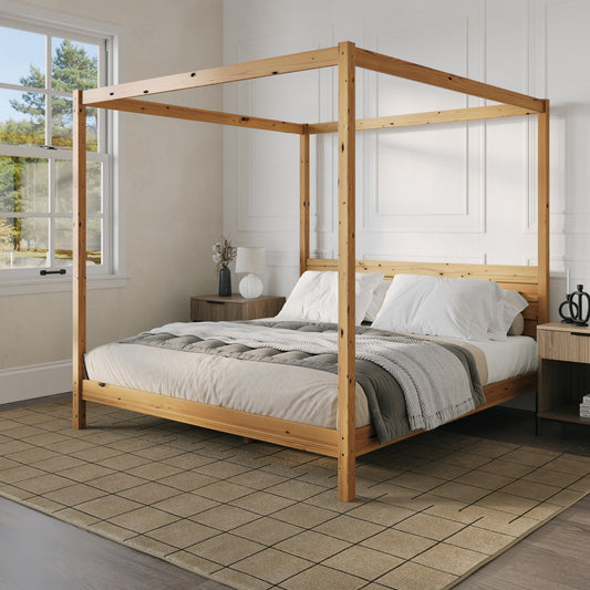 Taylor Modern Minimalist Boho King Canopy Bedframe – Natural Pine