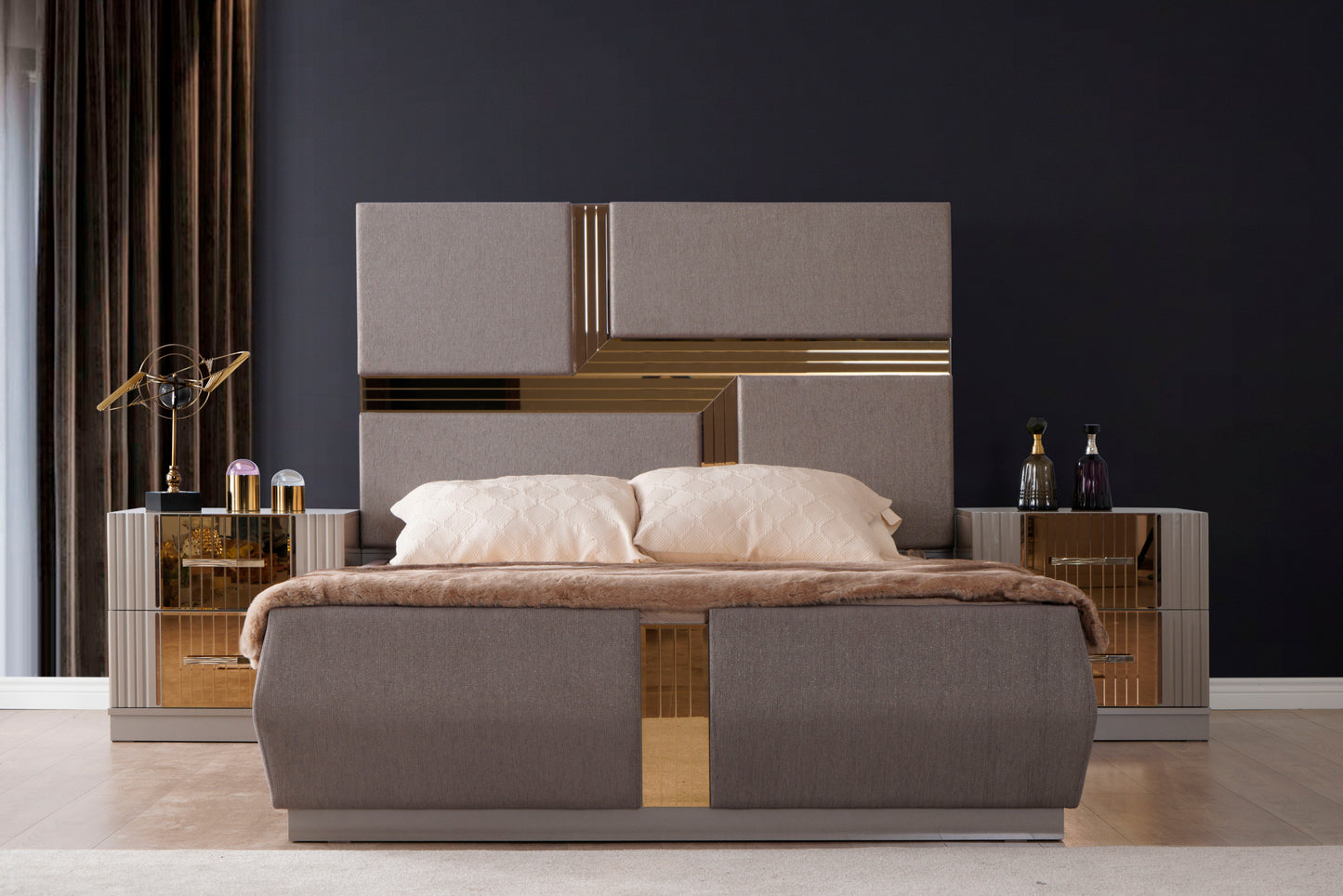 Lorenzo King Size Glam Bed in Gray with Mirrored Gold Accent Panels