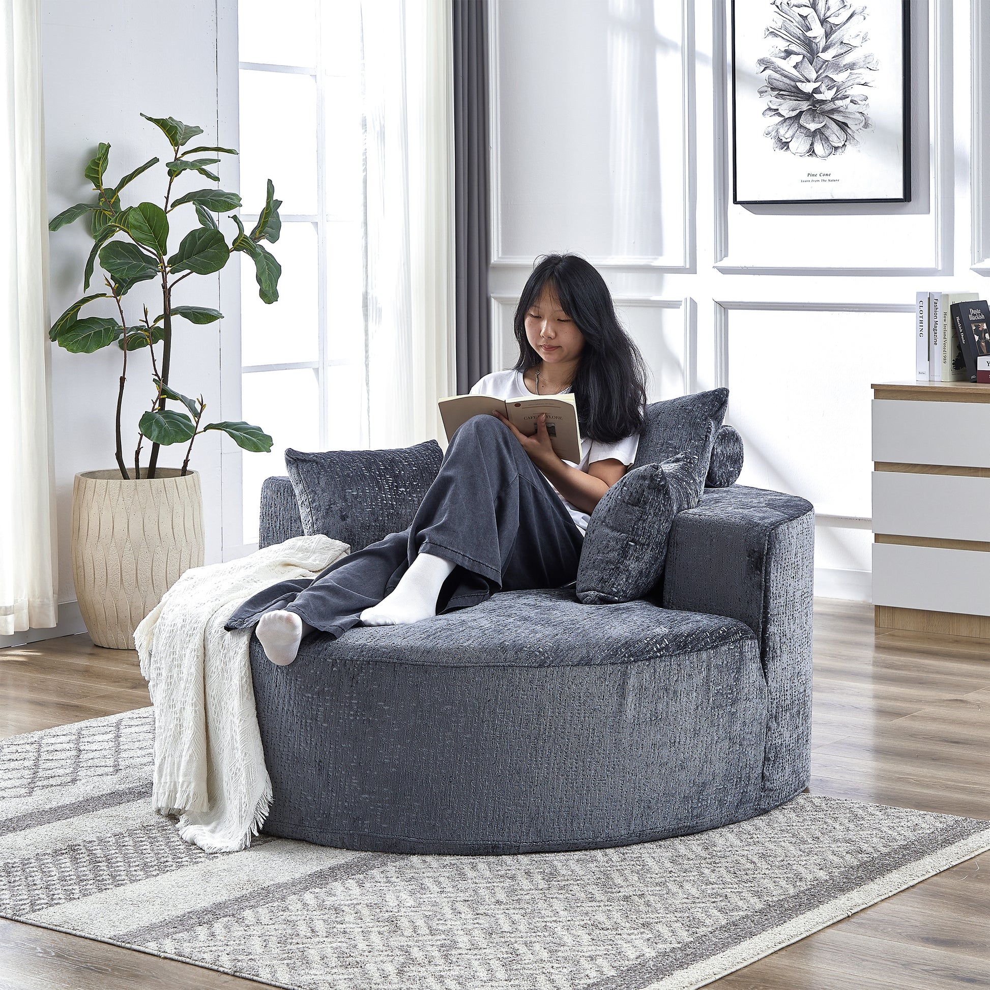 Fluffy Comfort: 55'' Chenille Grey Sponge Modern Sleeper Chair for Any Space