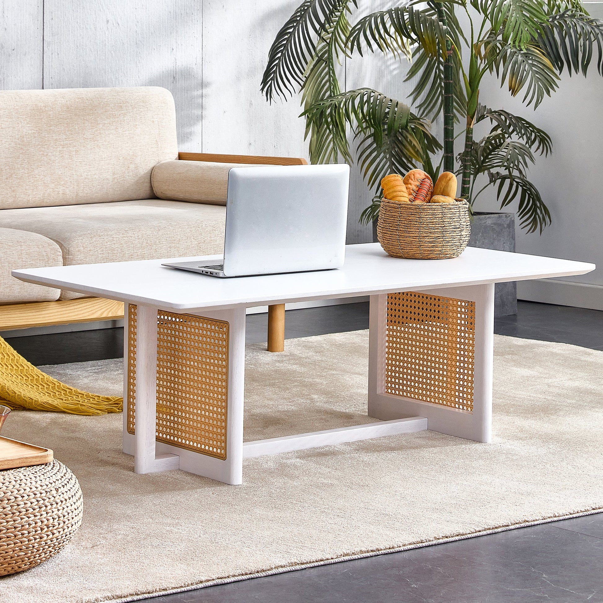 Maven Mid-Century Modern Coffee Table with Rattan Sides - White