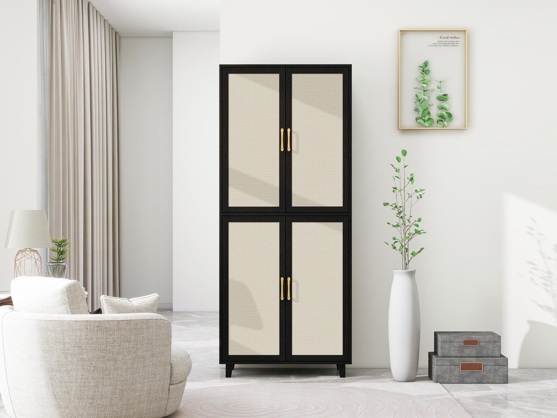 Owen 4-Door Cabinet in Black with Natural Rattan Fronts