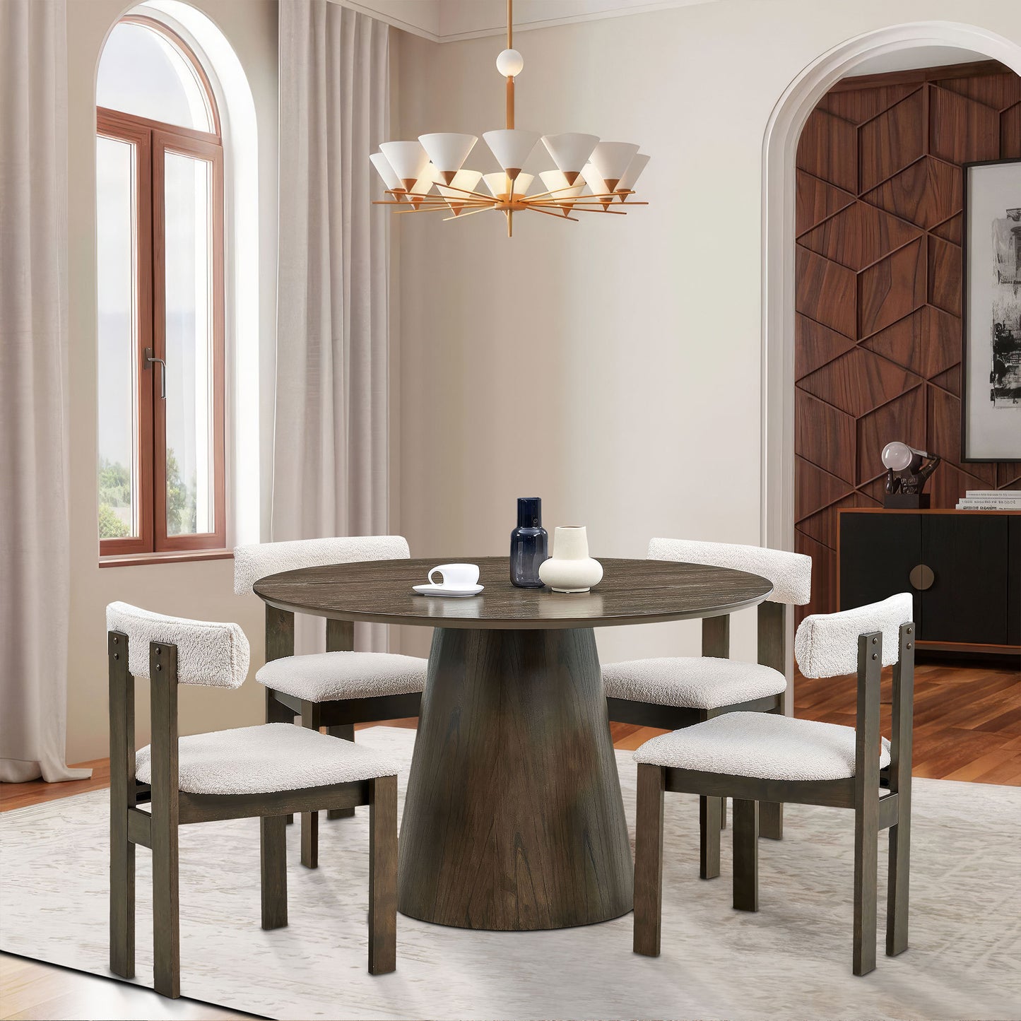 Bernadette 5-Piece Dining Set in Walnut with White Boucle Upholstered Chairs