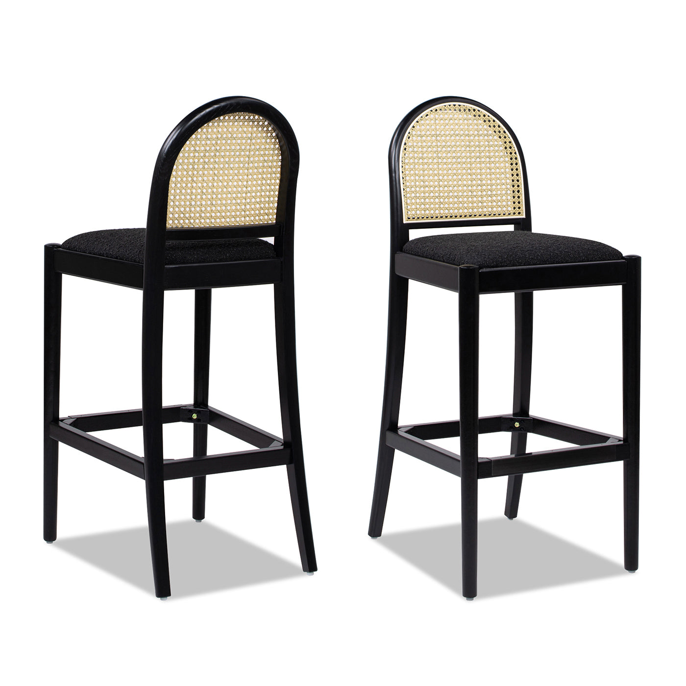 Briseis 30.5' Curved Back Cane Rattan Bar Stool, Set of 2, Ebony Black Boucle