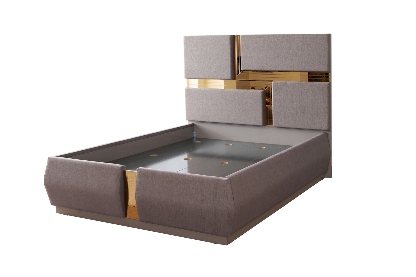 Lorenzo King Size Glam Bed in Gray with Mirrored Gold Accent Panels