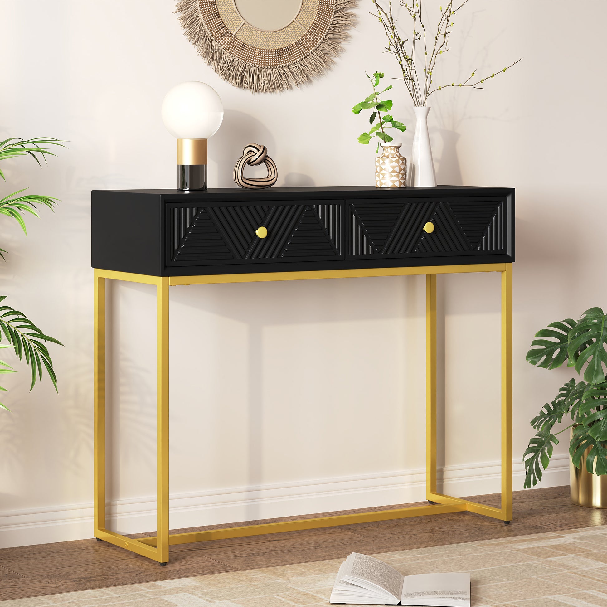 Jessalyn Modern 2-Drawer Console Table with Gold Legs, Black