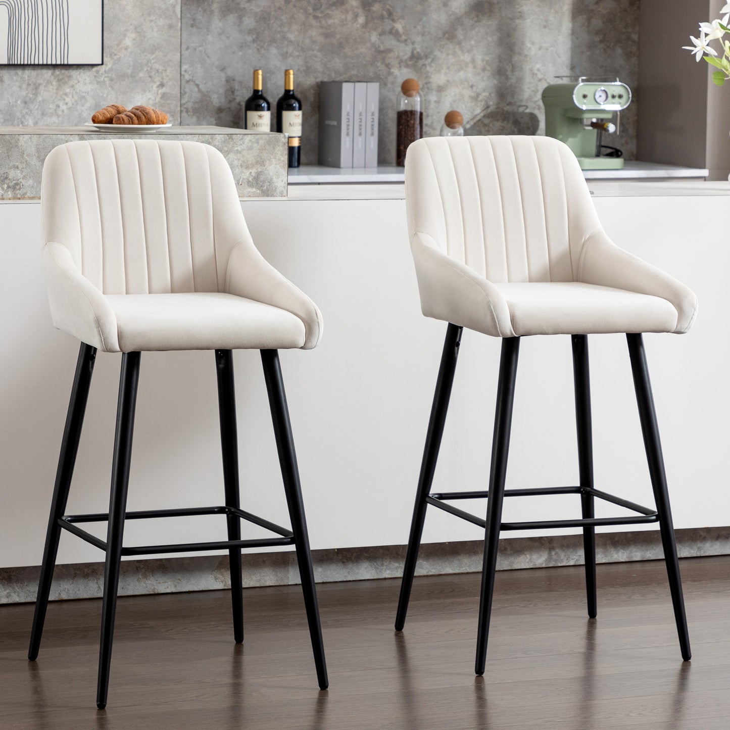 Baily Elegant Velvet Bar Stools with Black Legs Set of 2 , White