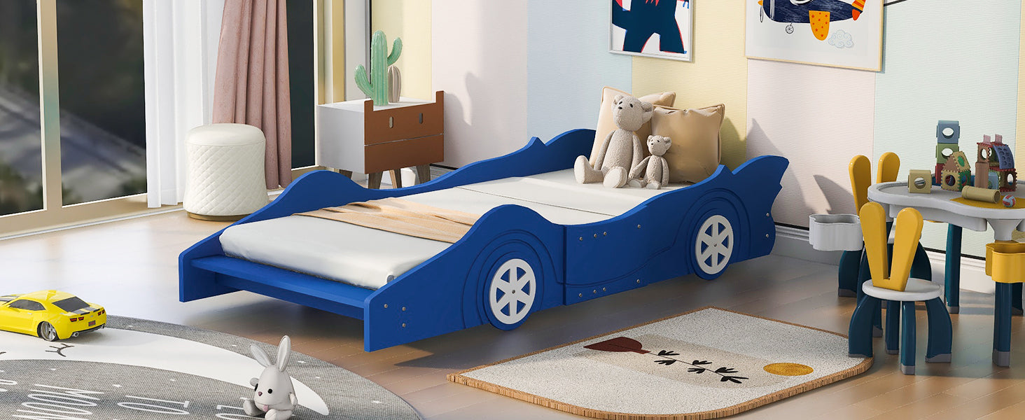 Bart Twin Size Race Car-Shaped Platform Bed with Wheels,Blue